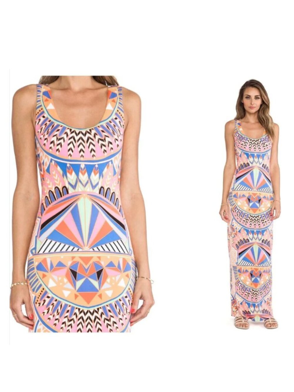 NWT Mara Hoffman Long Maxi Dress Boho Aztec Feather Sexy Jersey Bodycon Fitted